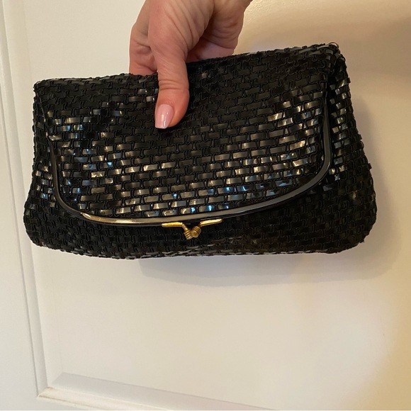 COBLENTZ ORIGINAL VINTAGE BAG CLUTCH BLACK PERMAPLASTIC WOVEN HINGE KISS LOCK - Picture 2 of 14